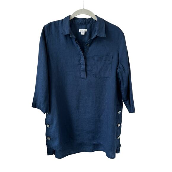 J Jill Love Linen Side Button Tunic Top Blue Women's SP - Picture 2 of 9